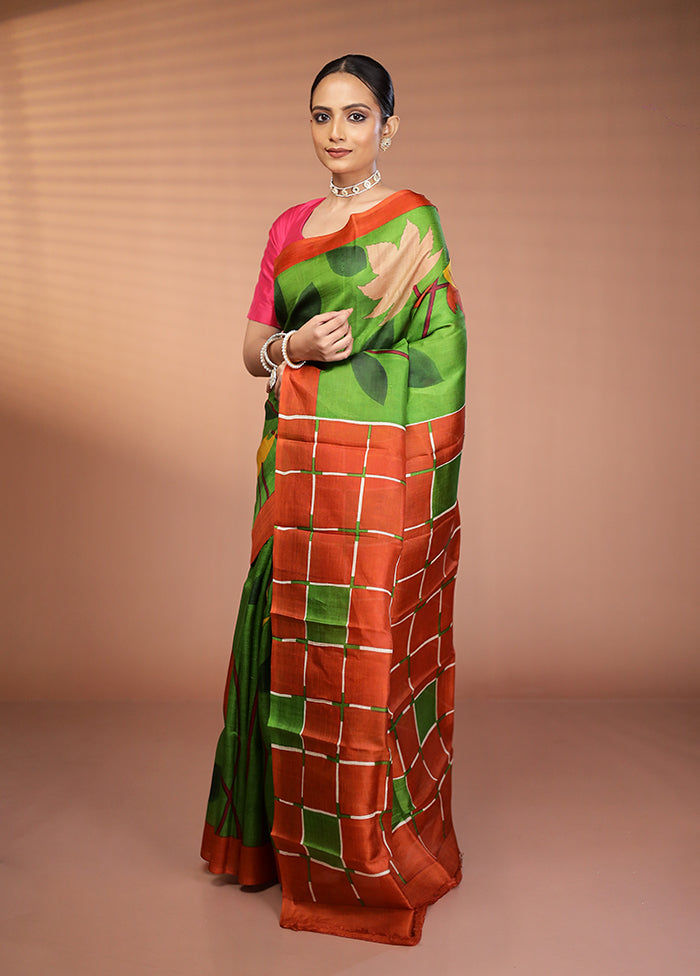 Green Printed Pure Silk Saree Without Blouse Piece