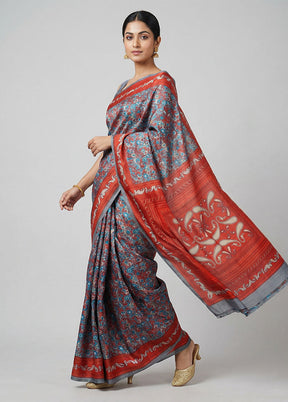 Grey Printed Silk Saree Without Blouse Piece