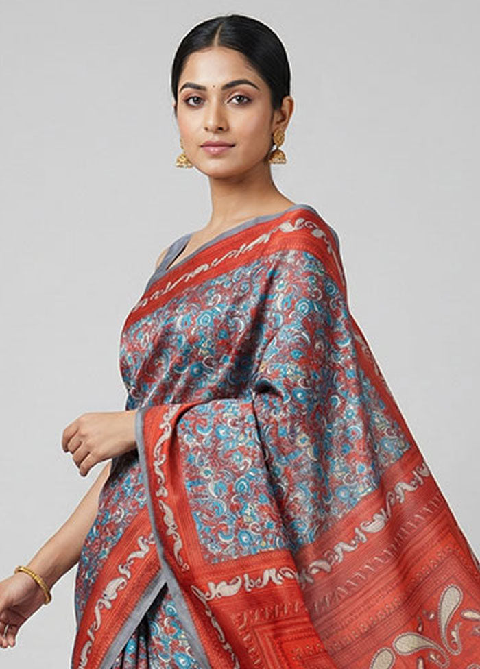 Grey Printed Silk Saree Without Blouse Piece