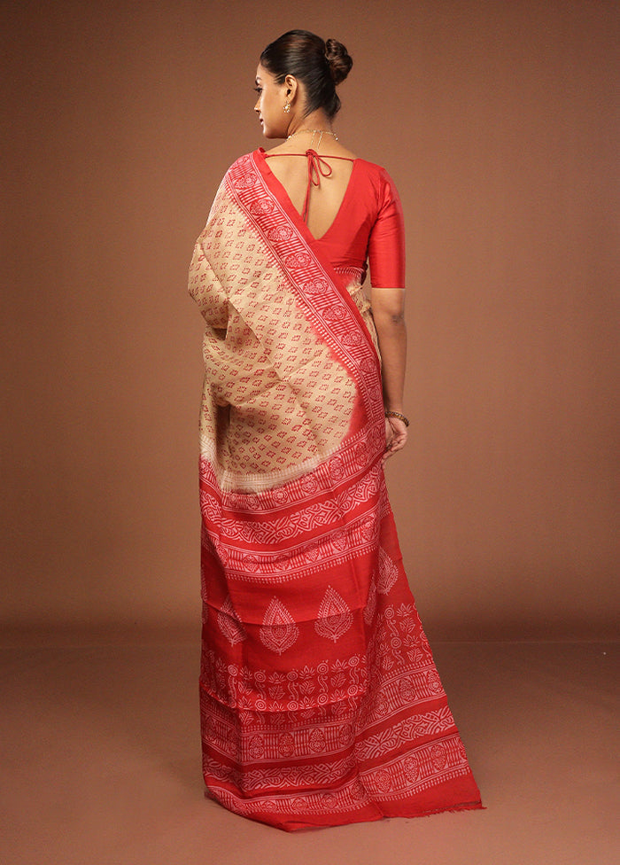 Cream Printed Pure Silk Saree Without Blouse Piece