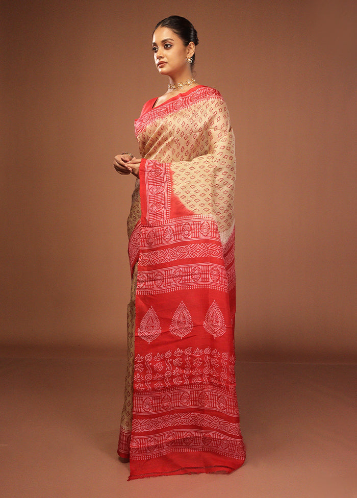 Cream Printed Pure Silk Saree Without Blouse Piece