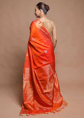 Orange Handloom Kanjivaram Pure Silk Saree With Blouse Piece