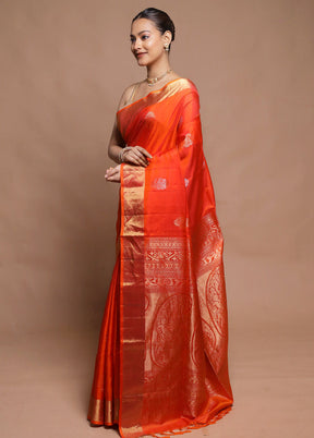 Orange Handloom Kanjivaram Pure Silk Saree With Blouse Piece