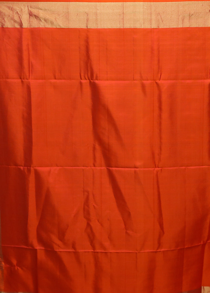 Orange Handloom Kanjivaram Pure Silk Saree With Blouse Piece