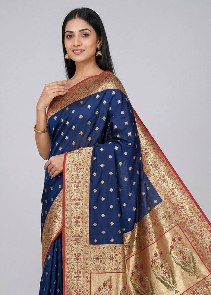 Blue Dupion Silk Saree With Blouse Piece