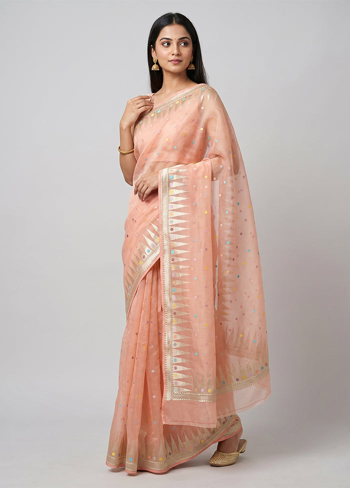Peach Handloom Pure Organza Saree With Blouse Piece