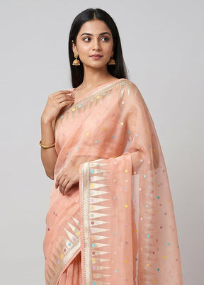 Peach Handloom Pure Organza Saree With Blouse Piece