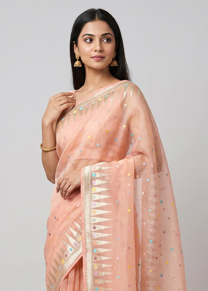 Peach Handloom Pure Organza Saree With Blouse Piece