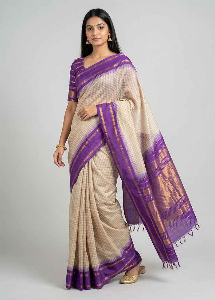 Cream Gadwal Pure Silk Saree Without Blouse Piece