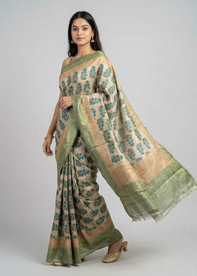 Blue Handloom Tussar Pure Silk Saree With Blouse Piece