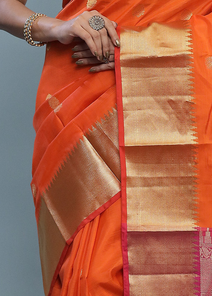 Rust Kanjivaram Pure Silk Saree With Blouse Piece