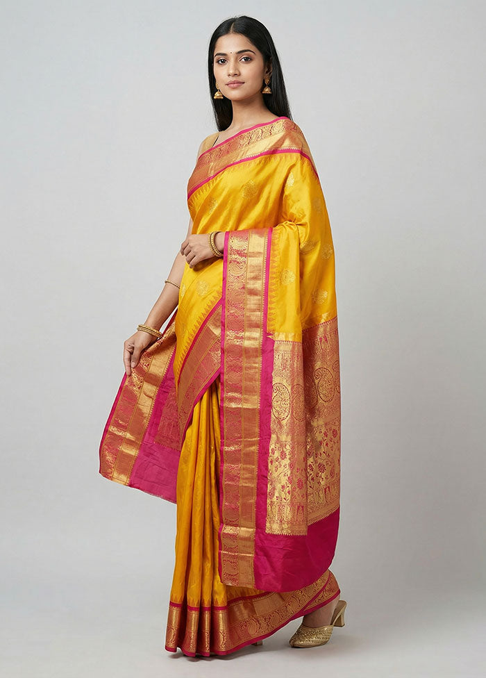 Yellow Handloom Kanchipuram Pure Silk Saree With Blouse Piece