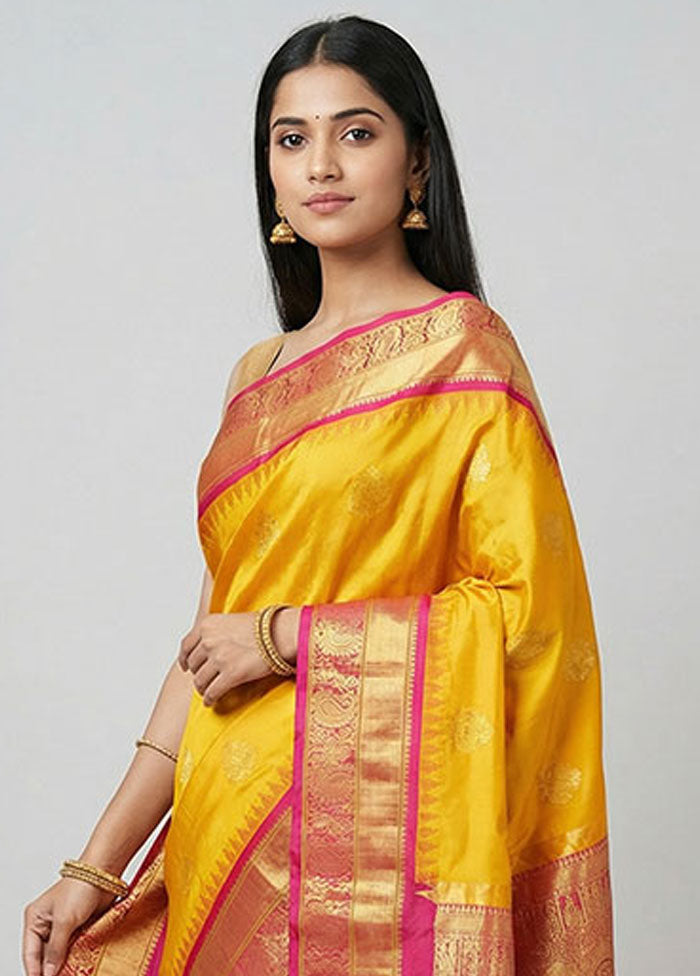 Yellow Handloom Kanchipuram Pure Silk Saree With Blouse Piece