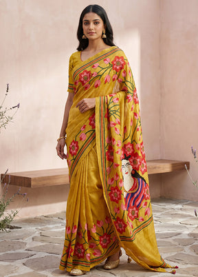Yellow Handloom Kantha Stitch Pure Silk Saree With Blouse Piece