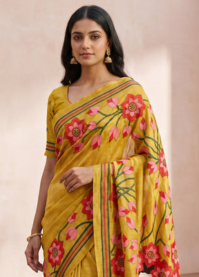 Yellow Handloom Kantha Stitch Pure Silk Saree With Blouse Piece