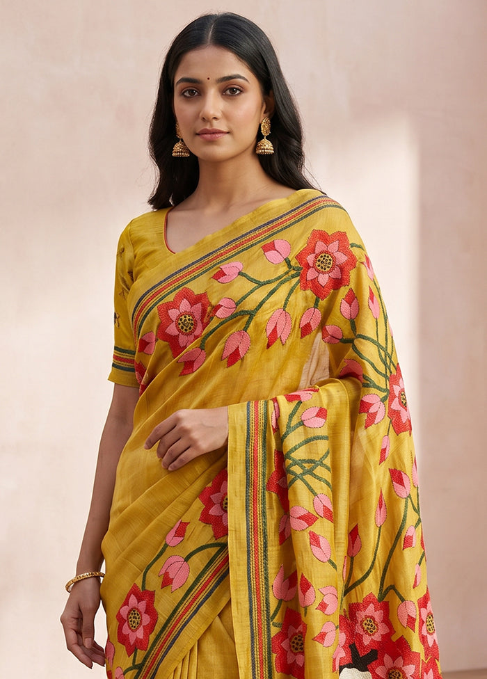 Yellow Handloom Kantha Stitch Pure Silk Saree With Blouse Piece
