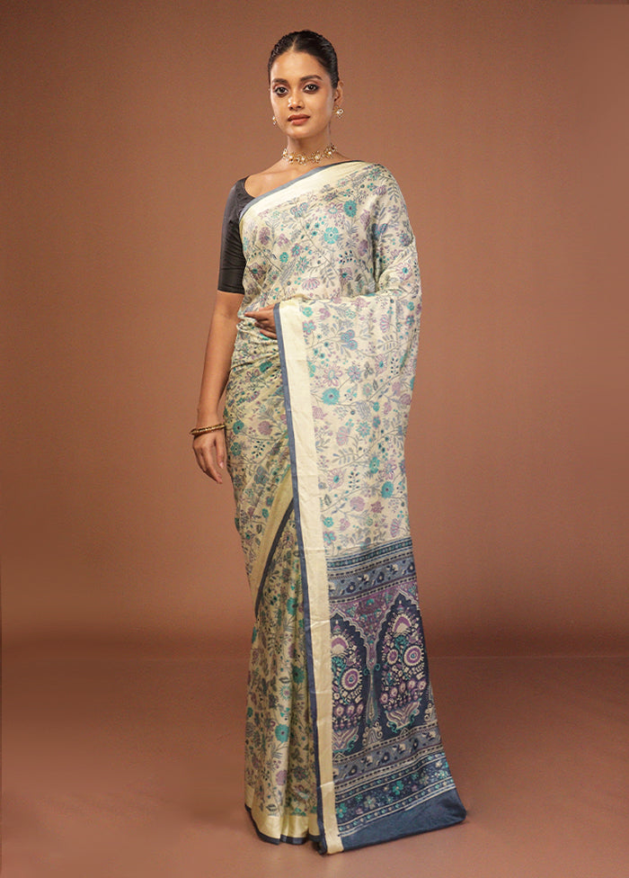 Cream Printed Silk Saree Without Blouse Piece