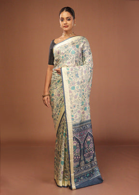 Cream Printed Silk Saree Without Blouse Piece