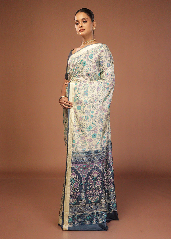 Cream Printed Silk Saree Without Blouse Piece