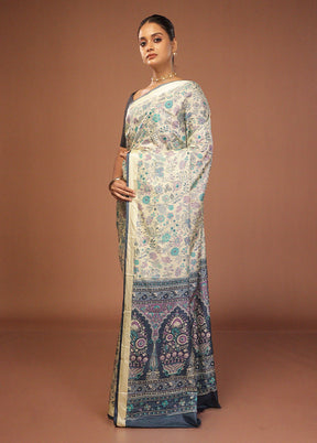 Cream Printed Silk Saree Without Blouse Piece