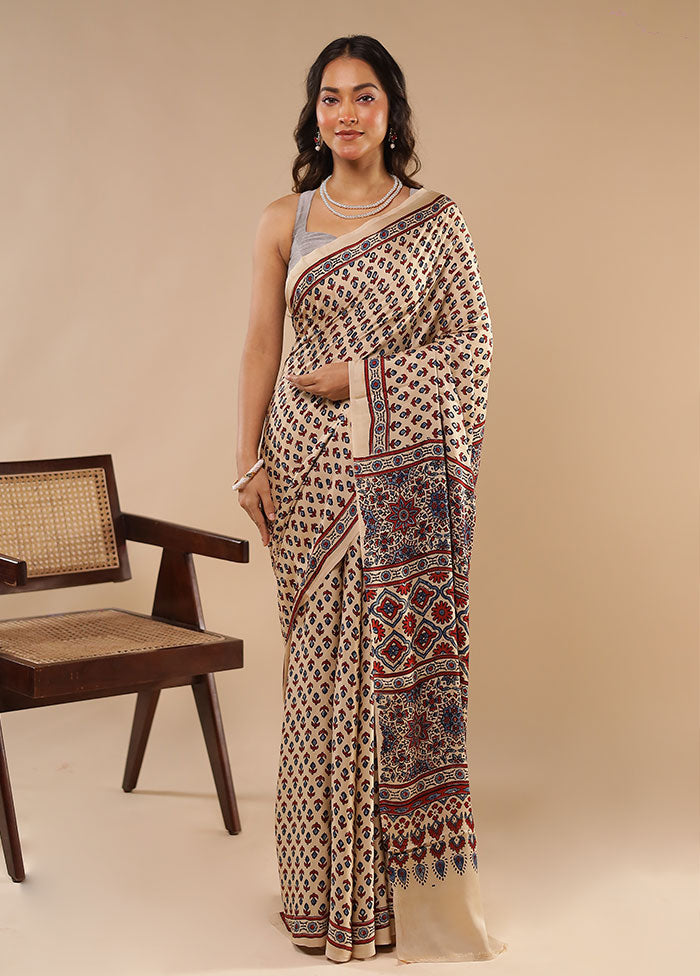 Cream Printed Pure Silk Saree Without Blouse Piece