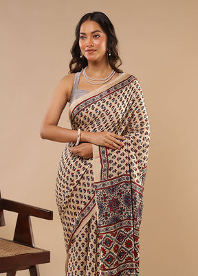 Cream Printed Pure Silk Saree Without Blouse Piece