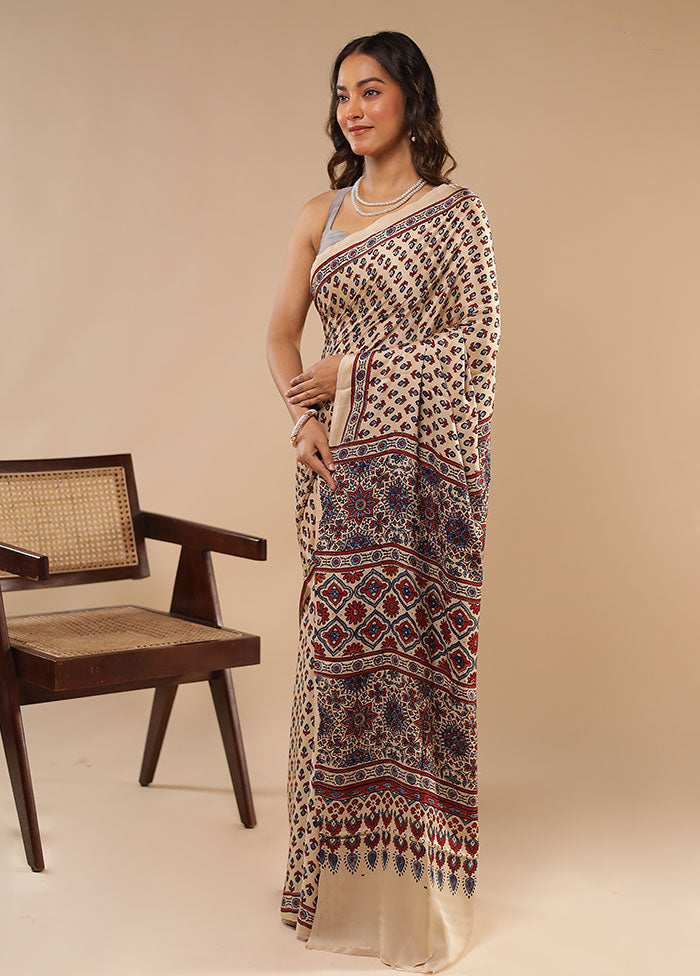Cream Printed Pure Silk Saree Without Blouse Piece