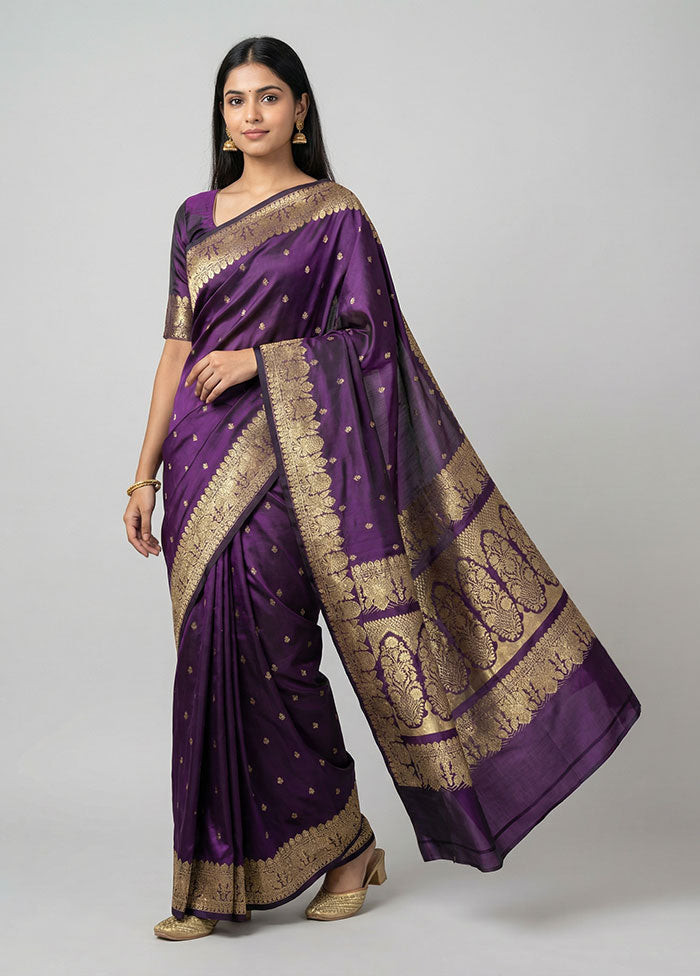 Purple Handloom Katan Pure Silk Saree With Blouse Piece