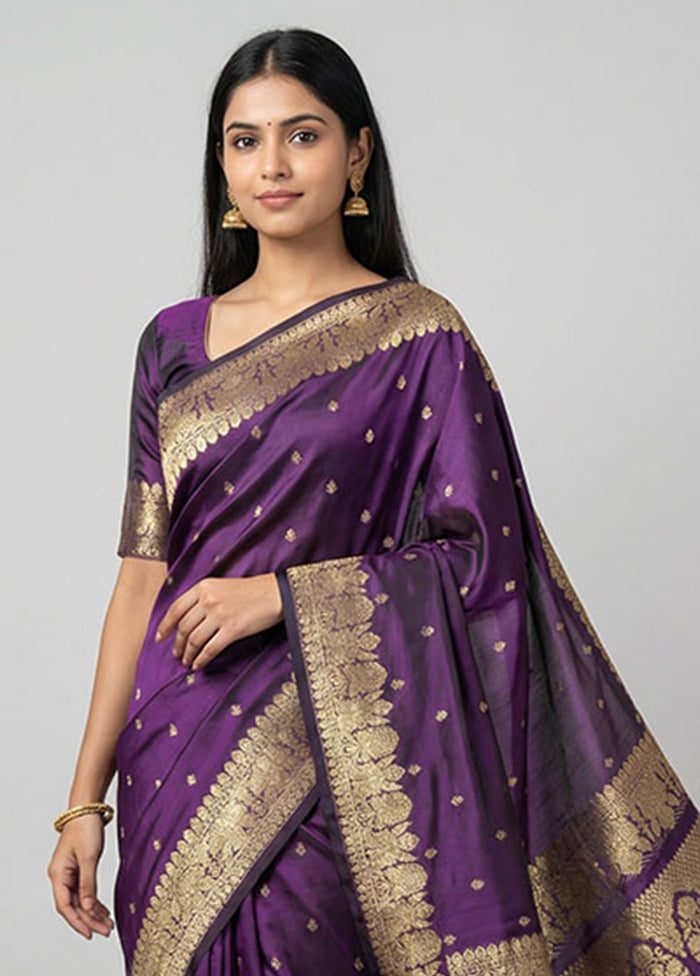 Purple Handloom Katan Pure Silk Saree With Blouse Piece