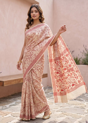 Cream Handloom Kantha Stitch Pure Silk Saree With Blouse Piece