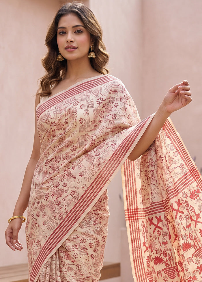 Cream Handloom Kantha Stitch Pure Silk Saree With Blouse Piece