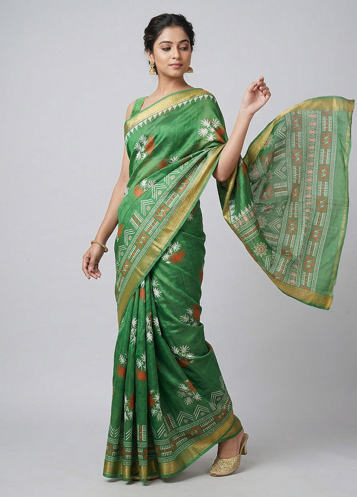 Green Printed Silk Saree Without Blouse Piece