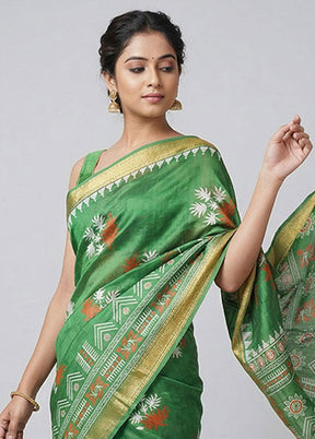 Green Printed Silk Saree Without Blouse Piece
