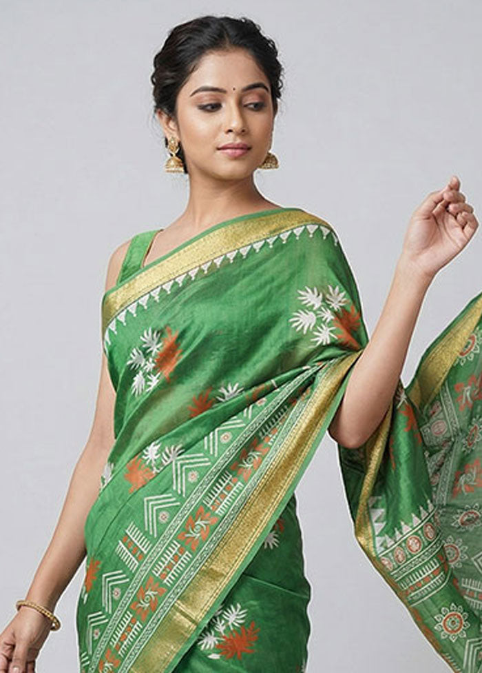 Green Printed Silk Saree Without Blouse Piece
