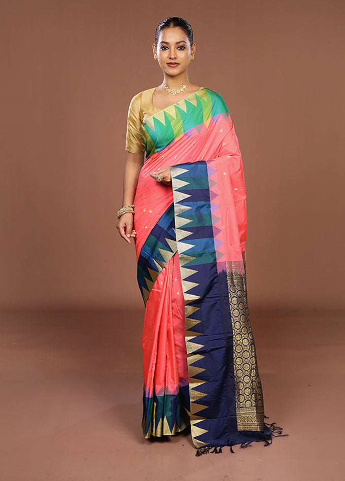 Peach Kanjivaram Silk Saree With Blouse Piece