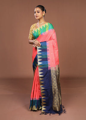 Peach Kanjivaram Silk Saree With Blouse Piece