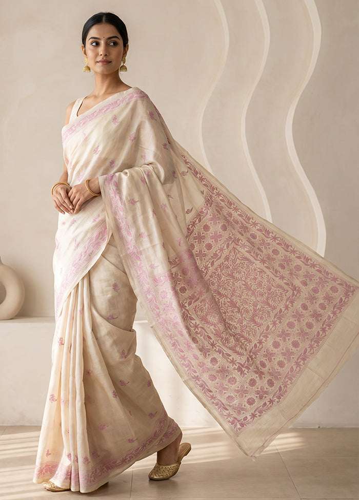 Green Handloom Kantha Stitch Pure Silk Saree With Blouse Piece