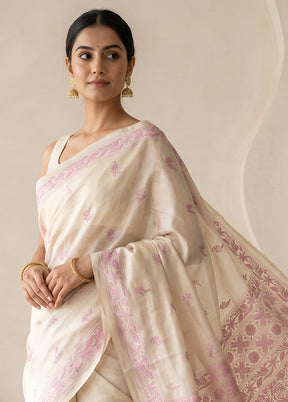 Green Handloom Kantha Stitch Pure Silk Saree With Blouse Piece