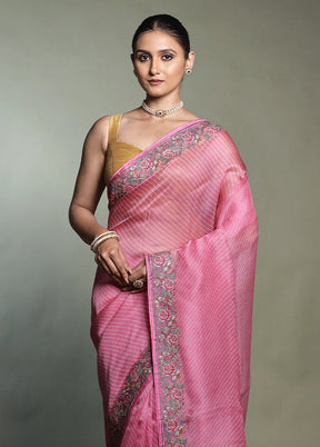 Pink Handloom Pure Organza Saree With Blouse Piece