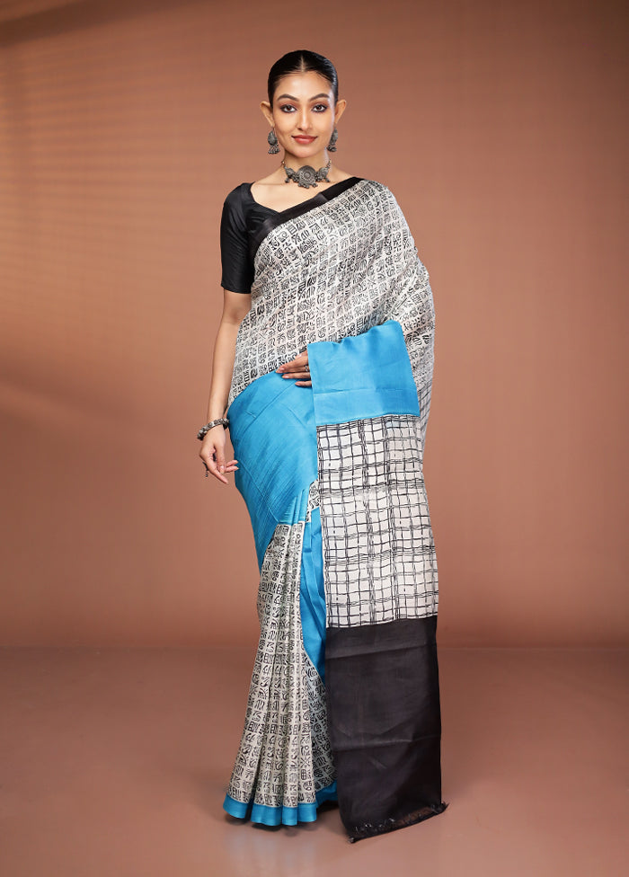 White Printed Pure Silk Saree Without Blouse Piece