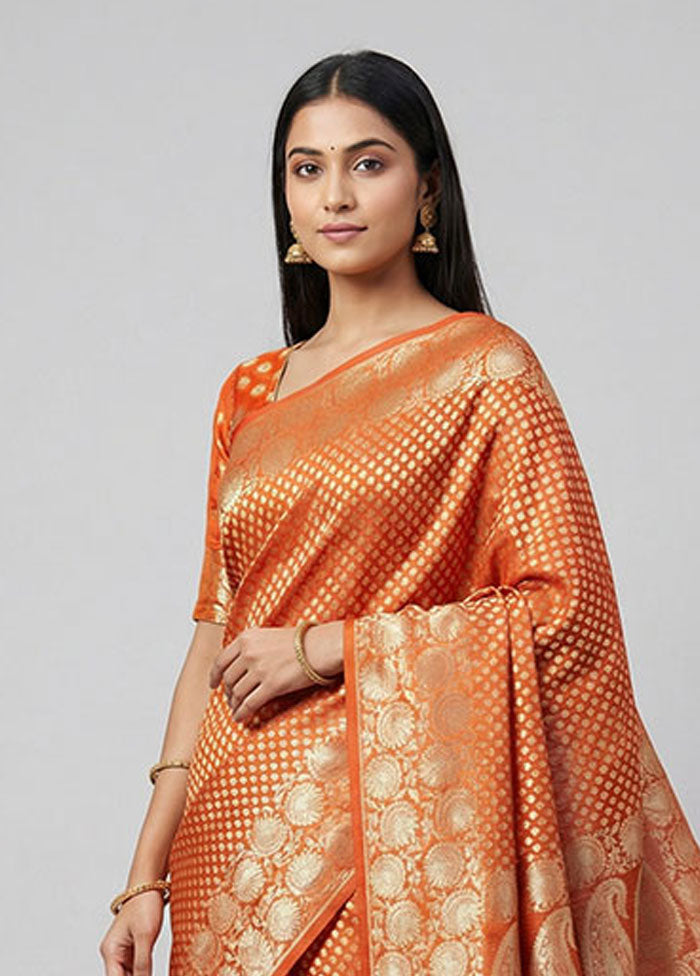 Rust Kora Silk Saree With Blouse Piece