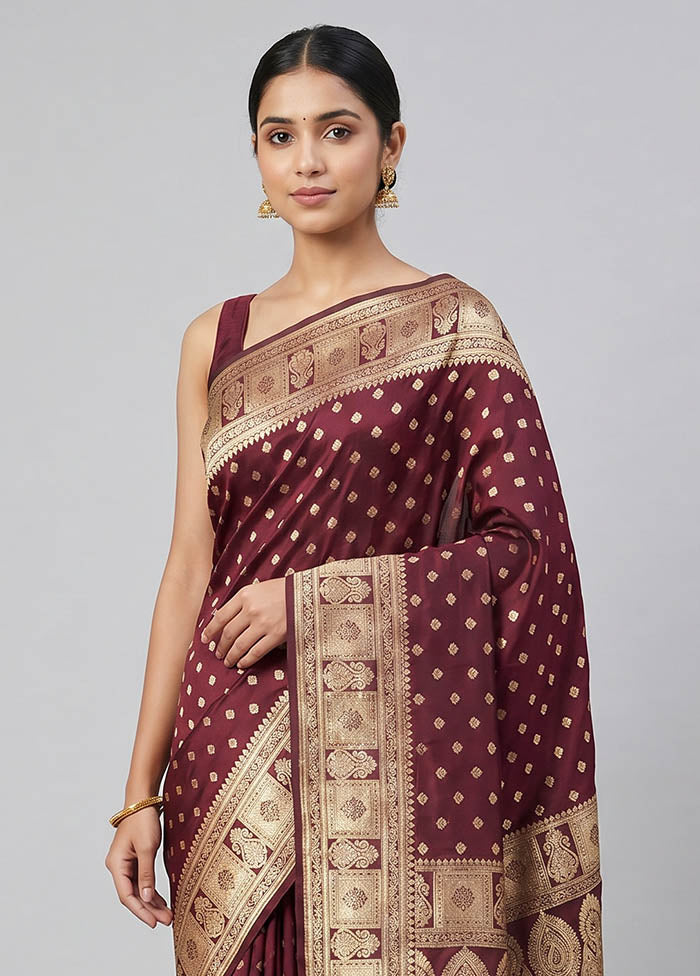 Maroon Banarasi Silk Saree With Blouse Piece