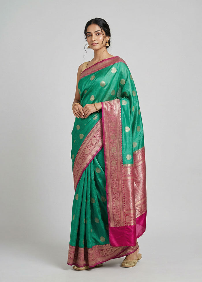 Green Handloom Tussar Pure Silk Saree With Blouse Piece