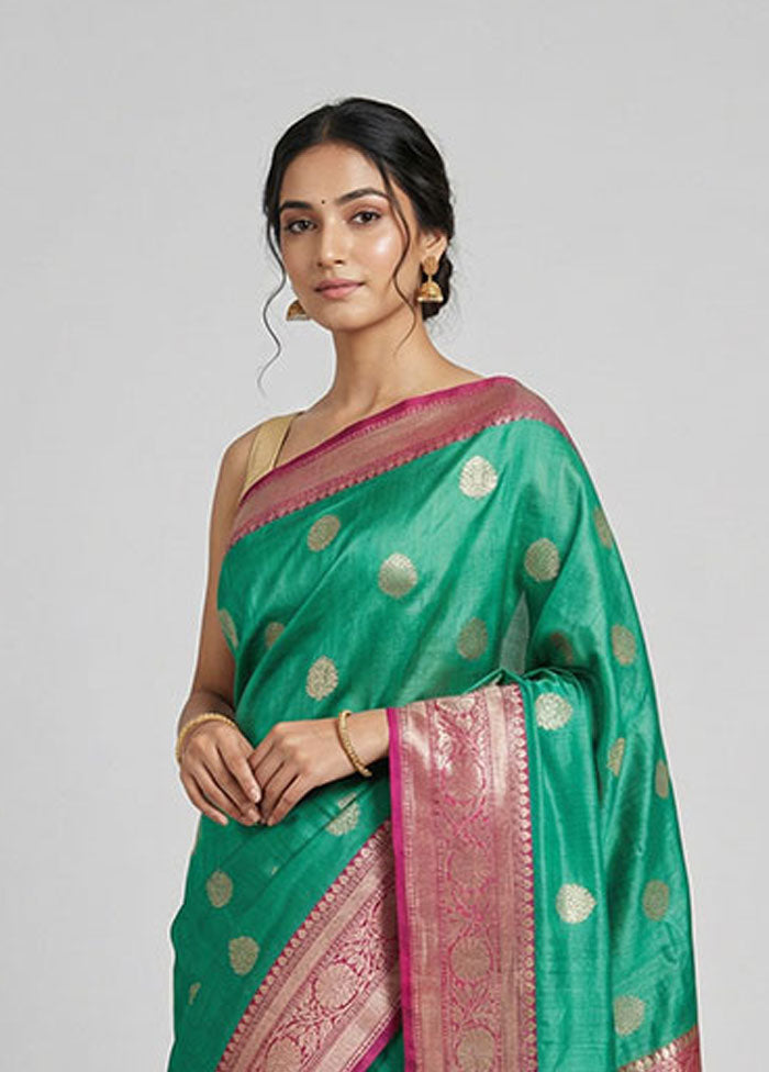 Green Handloom Tussar Pure Silk Saree With Blouse Piece