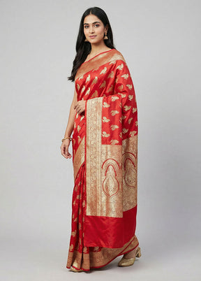 Red Banarasi Silk Saree With Blouse Piece