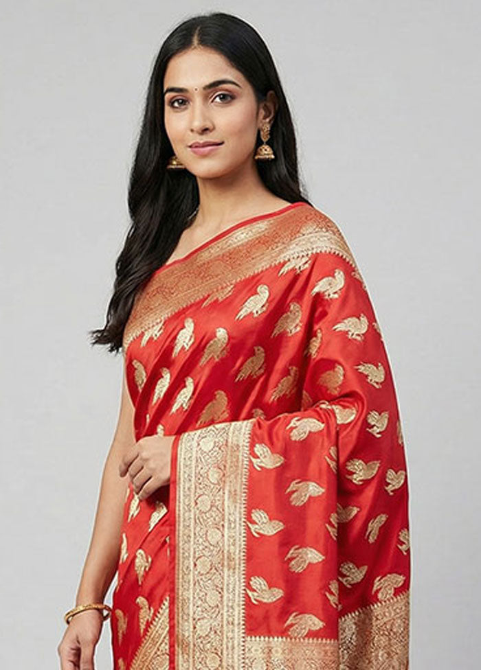 Red Banarasi Silk Saree With Blouse Piece