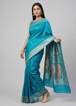 Blue Handloom Baluchari Pure Silk Saree With Blouse Piece