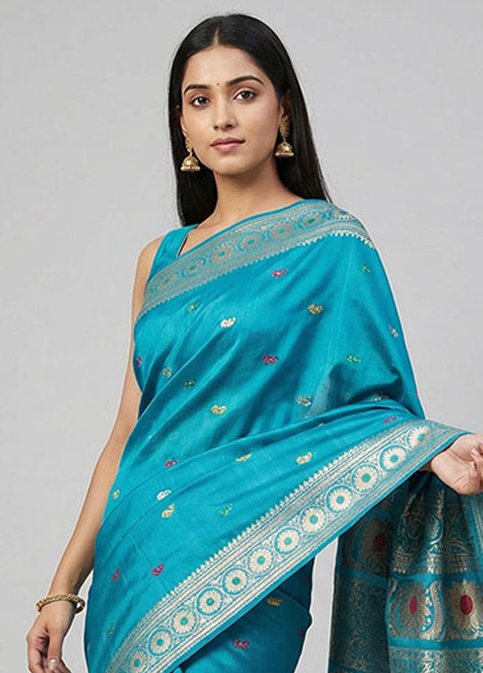 Blue Handloom Baluchari Pure Silk Saree With Blouse Piece