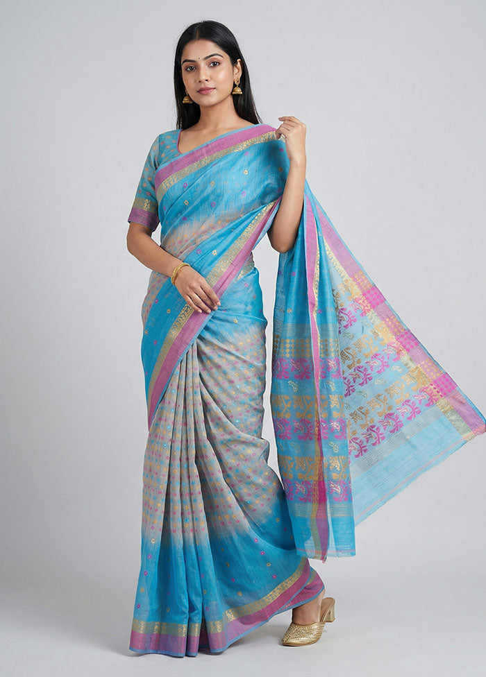 Blue Jamdani Cotton Saree Without Blouse Piece