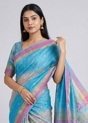 Blue Jamdani Cotton Saree Without Blouse Piece